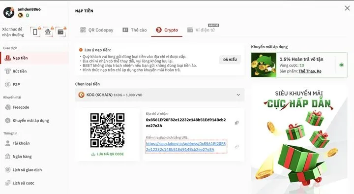 Quy trình nạp tiền BBet bằng Crypto