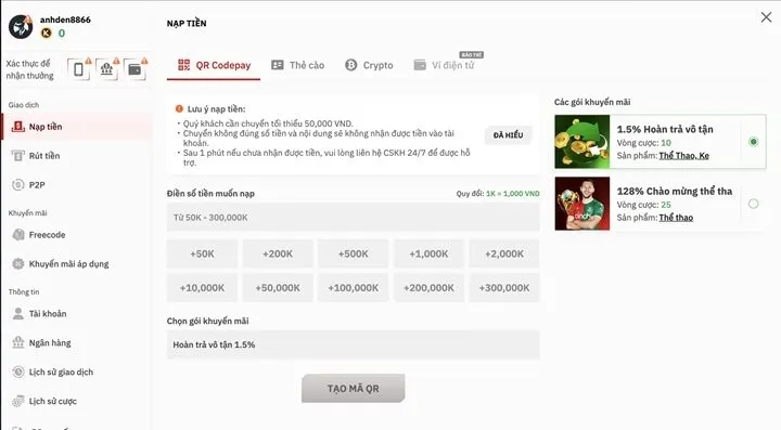 Hướng dẫn nạp tiền BBet 