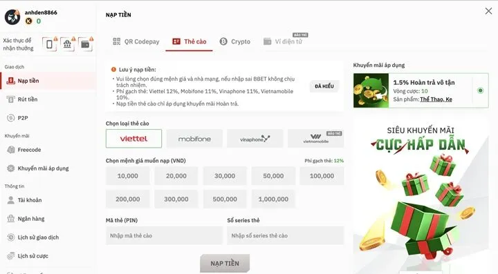 Hướng dẫn nạp tiền BBet 